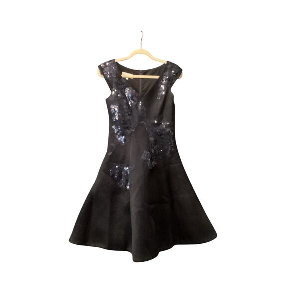 rickie freeman teri jon a line navy sleeveless floral sequin applique dress 2 - Picture 1 of 13